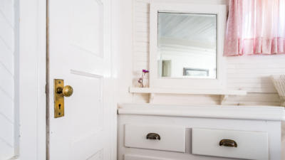 White bathroom counter and mirror